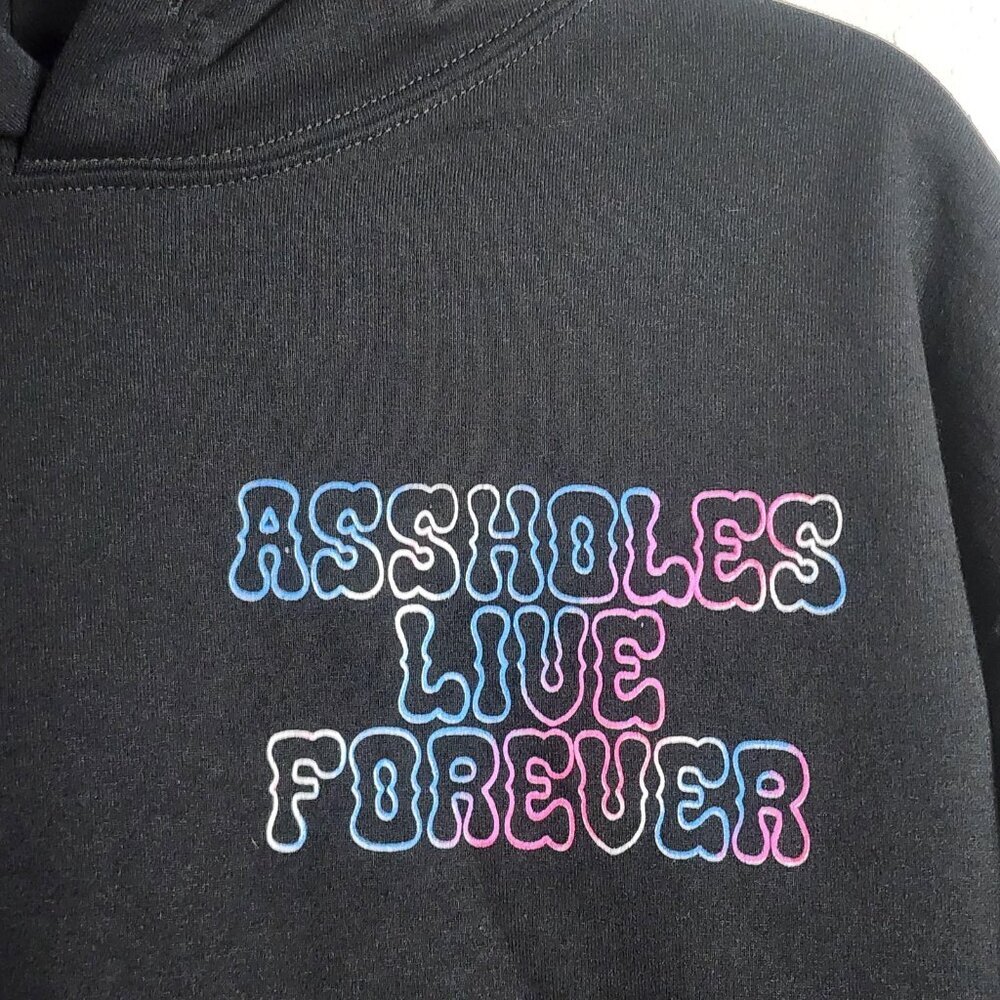 Assholes*s Live Forever Hoodie Mens Medium Black Pullover Graphic Sweatshirt - Picture 2 of 8